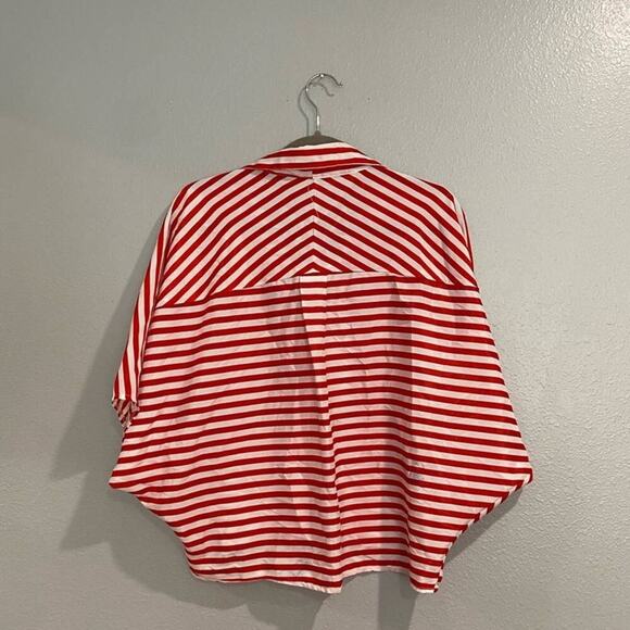 Toska Red White Striped Chiffon Button Down Blouse Sz L - Picture 9 of 11